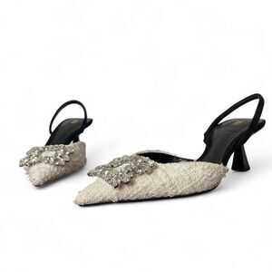 Zara White Tweed Pointed-Toe Embellished Slingback Kitten Heels Sz EU 35 US 4.5